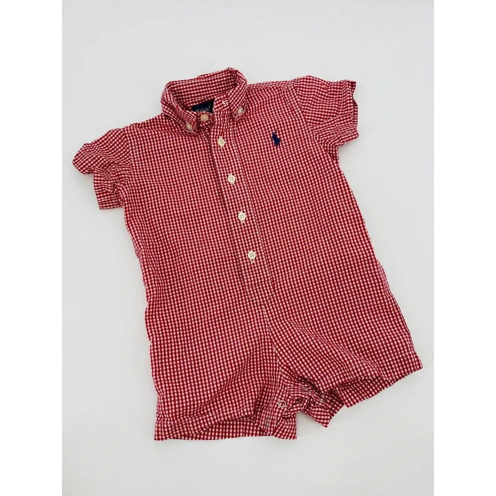Ralph Lauren Romper 9M Red Gingham Check Button Front Short Sleeve Polo Pony